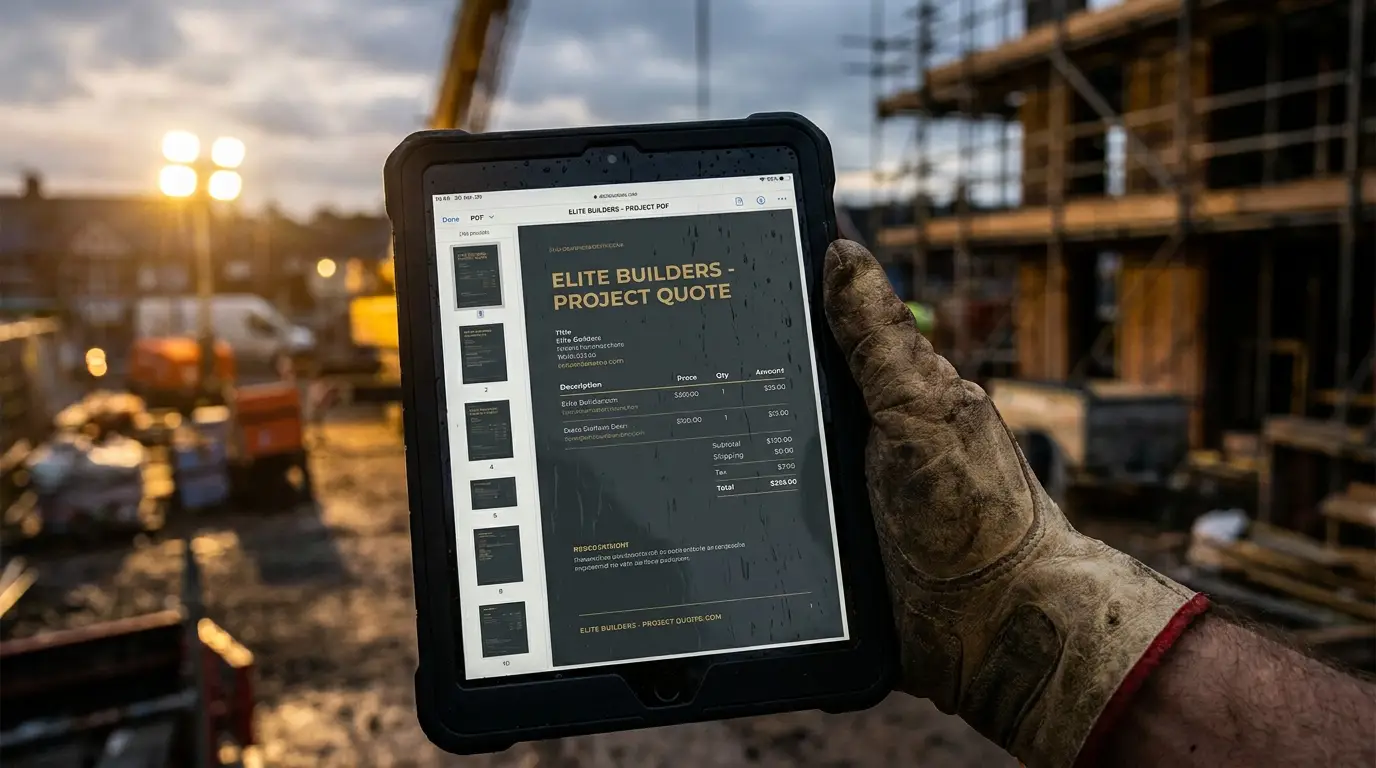 A builder holding a tablet showing a project quote on site